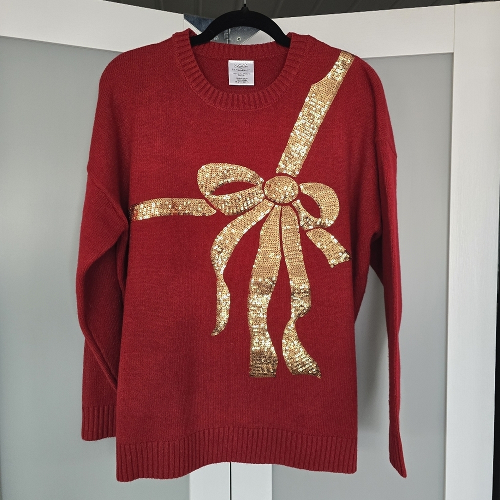 Red Sweater with Gold Sequin Bow
